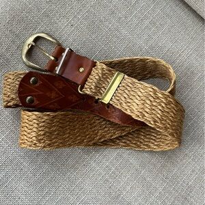 Womens Tan Natural Woven Belt with Brown Leather Accents